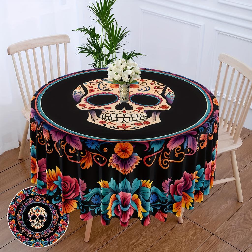 VIKAMA Multicoloured Wreath Skull Round Tablecloth Patio Table Halloween Style Backyard BBQ Picnic Mats Home Decoration