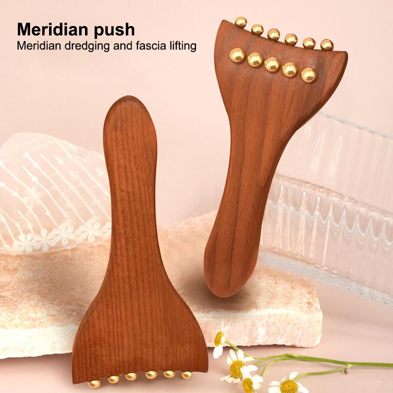 Wood Brass Gold Bead Facial Lifting Tool Cheek Beauty Massage Gua Sha Lymphatic Drainage Massager Trigger Point Relaxation