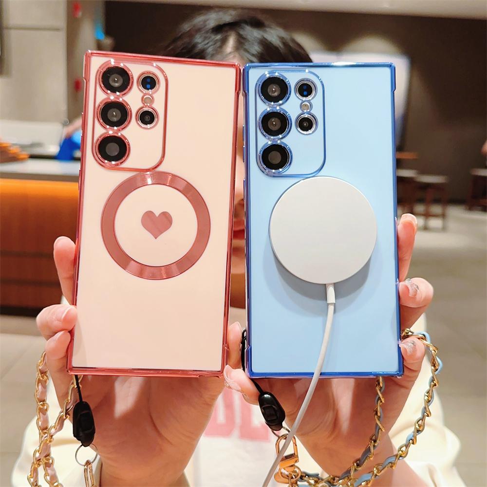 For Magsafe Love Heart Wrist Chain Case for Samsung Galaxy S25 S24 Ultra S22 Plus S23 S21 S20 FE Magnetic Bracelet Plating Cover