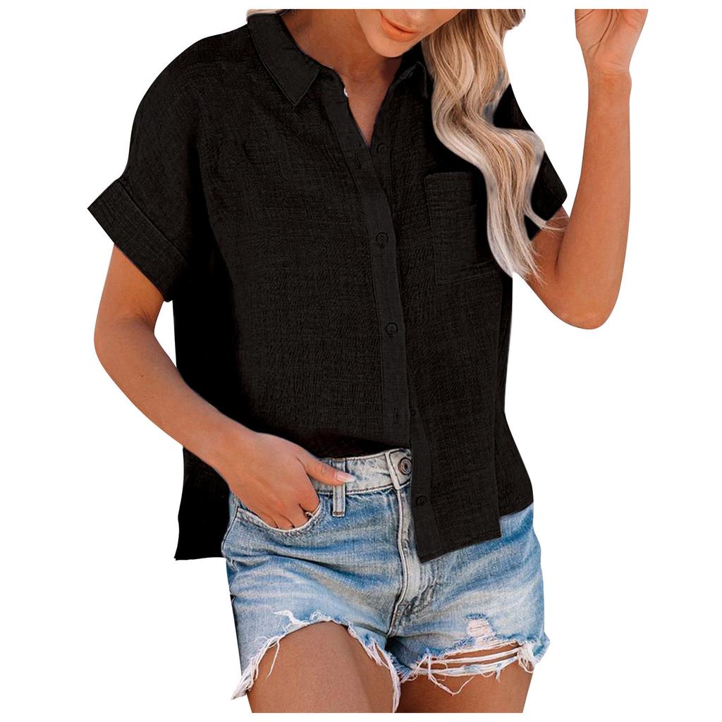 Women's Fashion Shirt Solid Color Short Sleeved Lapel Button Up Shirt Top