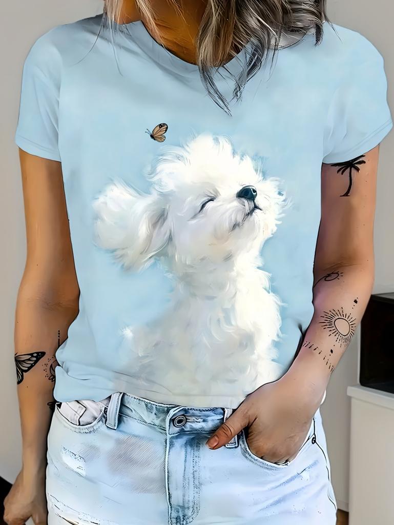 Women's Tops 2026 Trend T Shirt 3D Dog Graphic Printing Summer Breathable Round Neck Short Sleeved Top Fashion Clothes for Woman