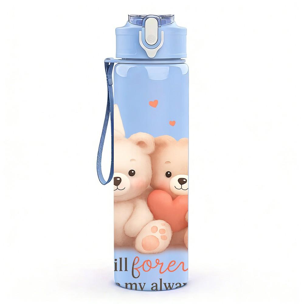 1PC Two Teddy Bear Love Art 750ml Color Plastic Sports Water Bottle Leakproof Flip Straw Lid Suitable for Sports Office Home Use