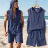Men's New Summer 2pcs Set, Top: Hooded Sleeveless Button-Up Shirt + Bottom: Loose Drawstring Shorts, Casual Sportswear Set
