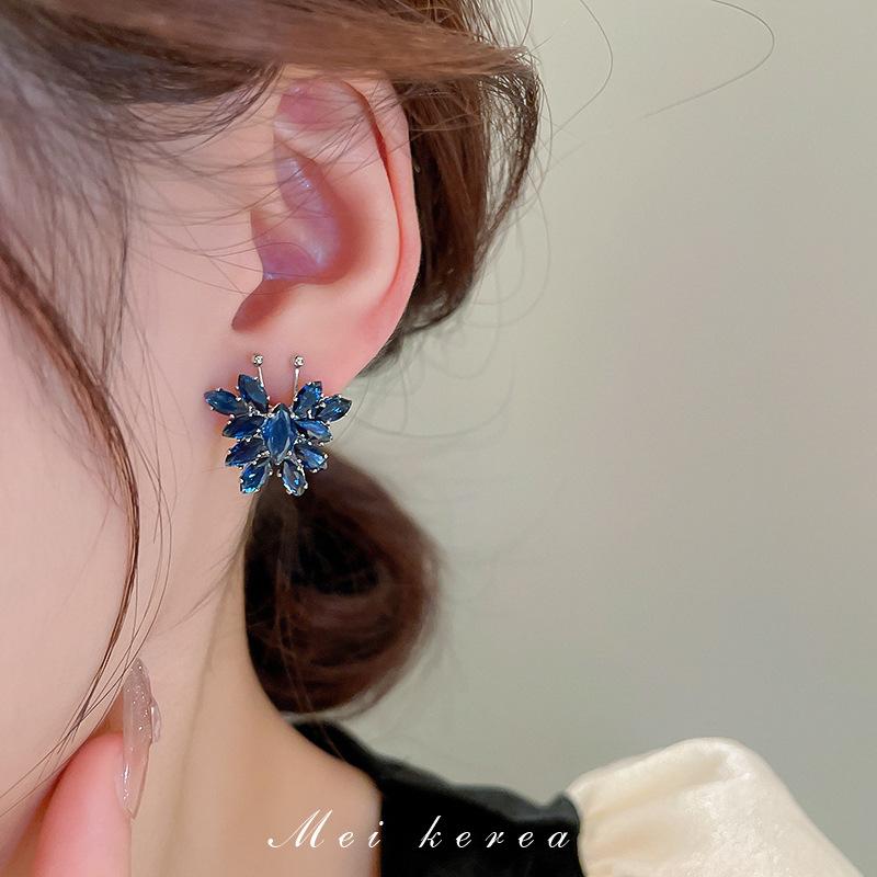 Korean Retro Haze Blue Diamond-encrusted Bow Flower Earrings Niche Temperament Stud Earrings Women