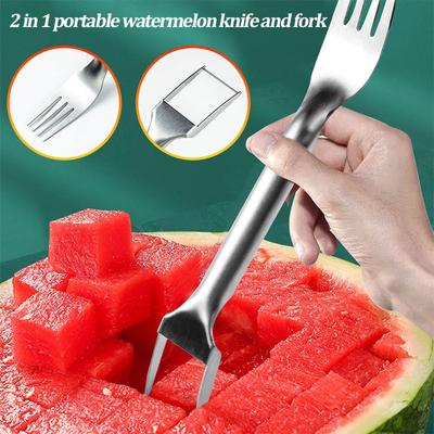 2 in 1 Tragbarer Wassermelonengabel-Schneider Mehrzweck-Wassermelonenschneider Messer Edelstahl Küche Obstschneidegabel