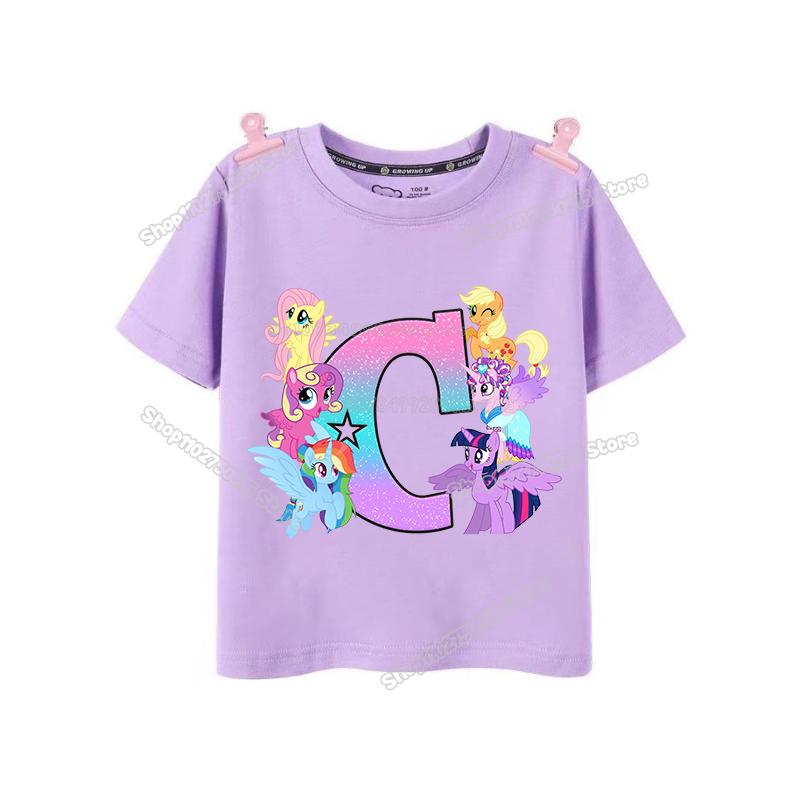My Little Pony Girl T Shirt Twilight Sparkle Letter AZ TShirts Cartoon Kids Short Sleeve Tee Tops Casual Children Clothes
