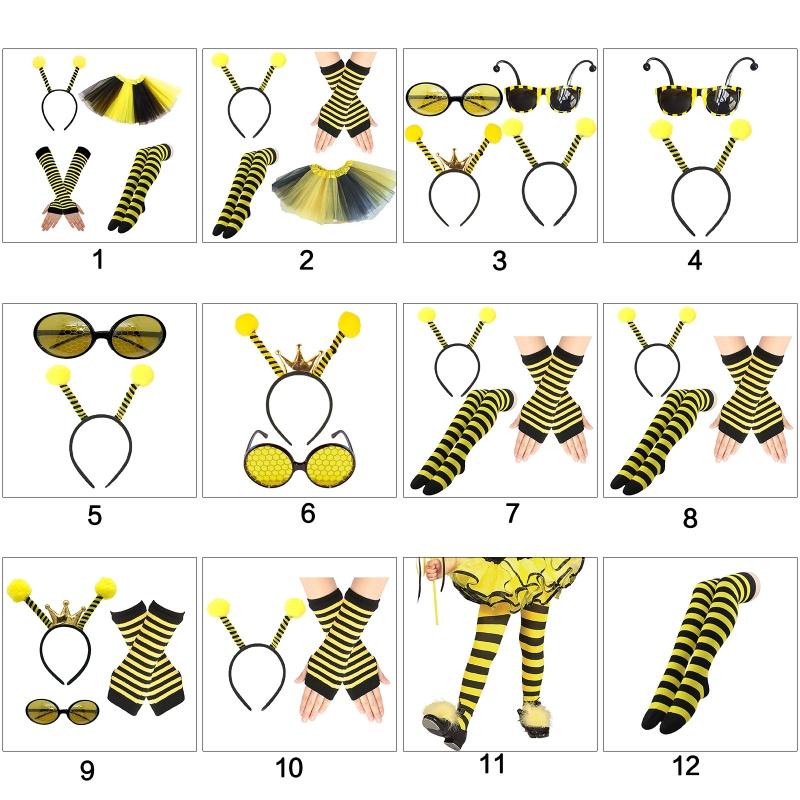 Bee Costume Set Bee Ear Headband Tutu Skirt Sleeve Sunglass Strip Sock for Kids Adult Halloween Christmas Animal Cosplay