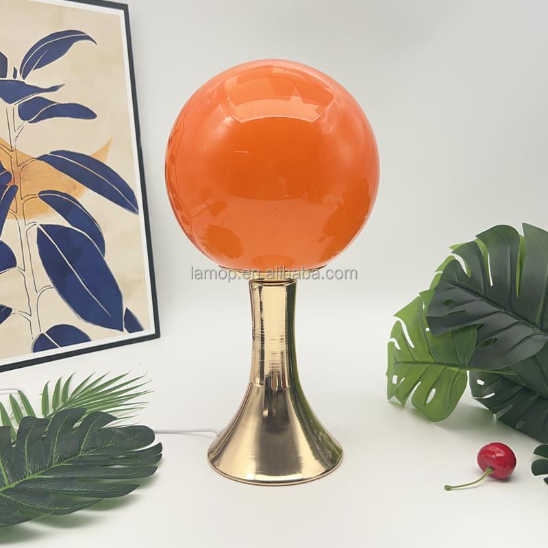 Round Ball Night Light with Golden Trumpet Base Table Lamp for Cream Style Apartment Bedroom Bedside and Tabletop