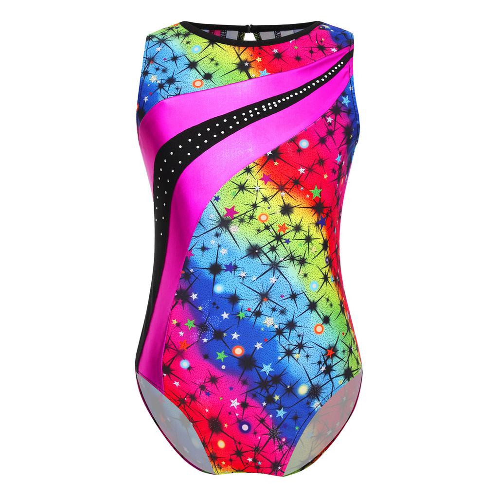 Kids Girls Sport Dance Leotard Sleeveless Keyhole Back Print Patchwork Athletic Bodysuit Teens Yoga Skating Gymnastics Jumpsuit