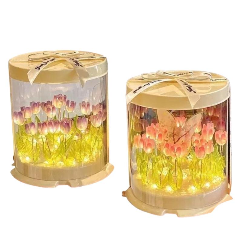 Lampada a Tulipano Fai-da-te Fiore Artificiale Mare di Fiori Scatola per Torta Lampada da Tavolo per Camera da Letto Lampada Notturna Decorazione Artigianale Fatta a Mano Tulipani Regalo di Compleanno