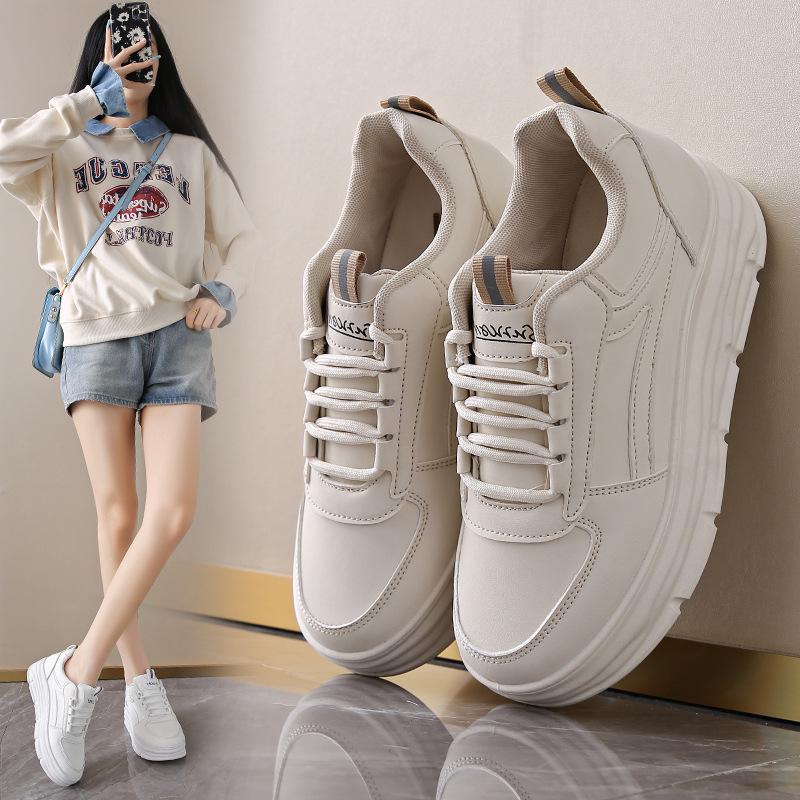 Women's W3612 White Leather Thick-Soled Casual Shoes, 2024 Autumn Collection