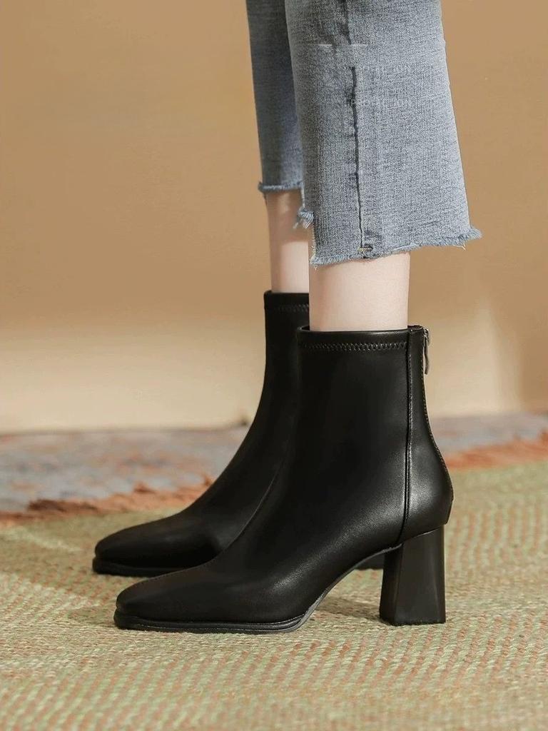 Square Toe Heeled Women's Ankle Boots Autumn Winter Leather Fashion 2025 Booties Designer Luxury High Quality Female Short Shoes