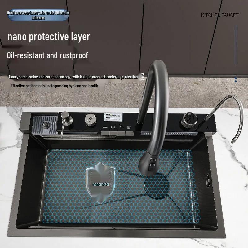 Large Handmade Black Honeycomb 304 Stainless Steel Kitchen Sink with Waterfall Design