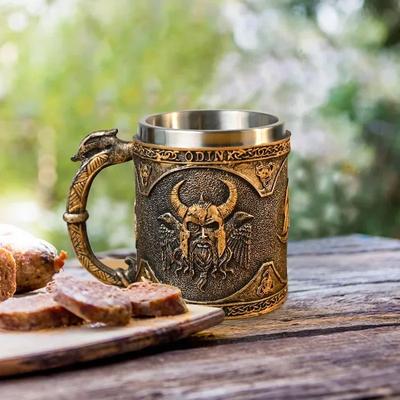 1 taza vikinga medieval de acero inoxidable de 450 ml/15,3 oz, con temática de mitos nórdicos, ideal para beber en verano o invierno.