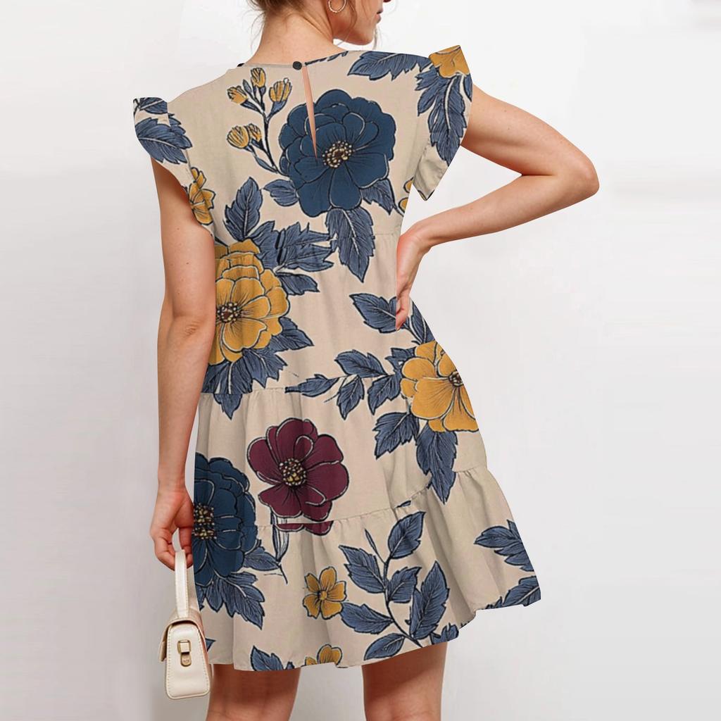 Damska Moda Lato Casual Dekolt O Falbankowy Rękaw Bez Rękawów Zwiewna Krótka Sukienka Tunika