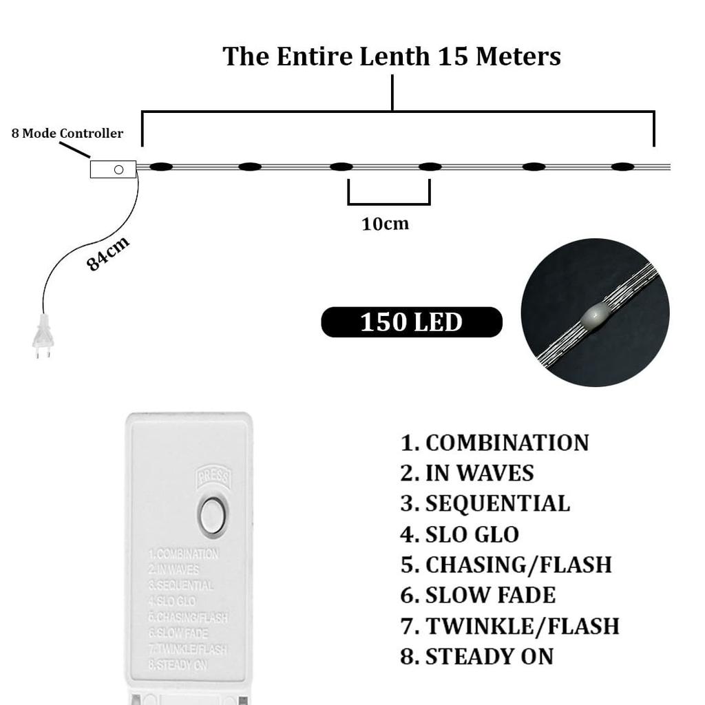 Girlanda świetlna LED – 150 diod LED, 8 trybów błyskania, wielokolorowa, na miedzianym drucie, do okna, ściany, ogrodu, na Diwali, Boże Narodzenie, wesele i dekoracji domu