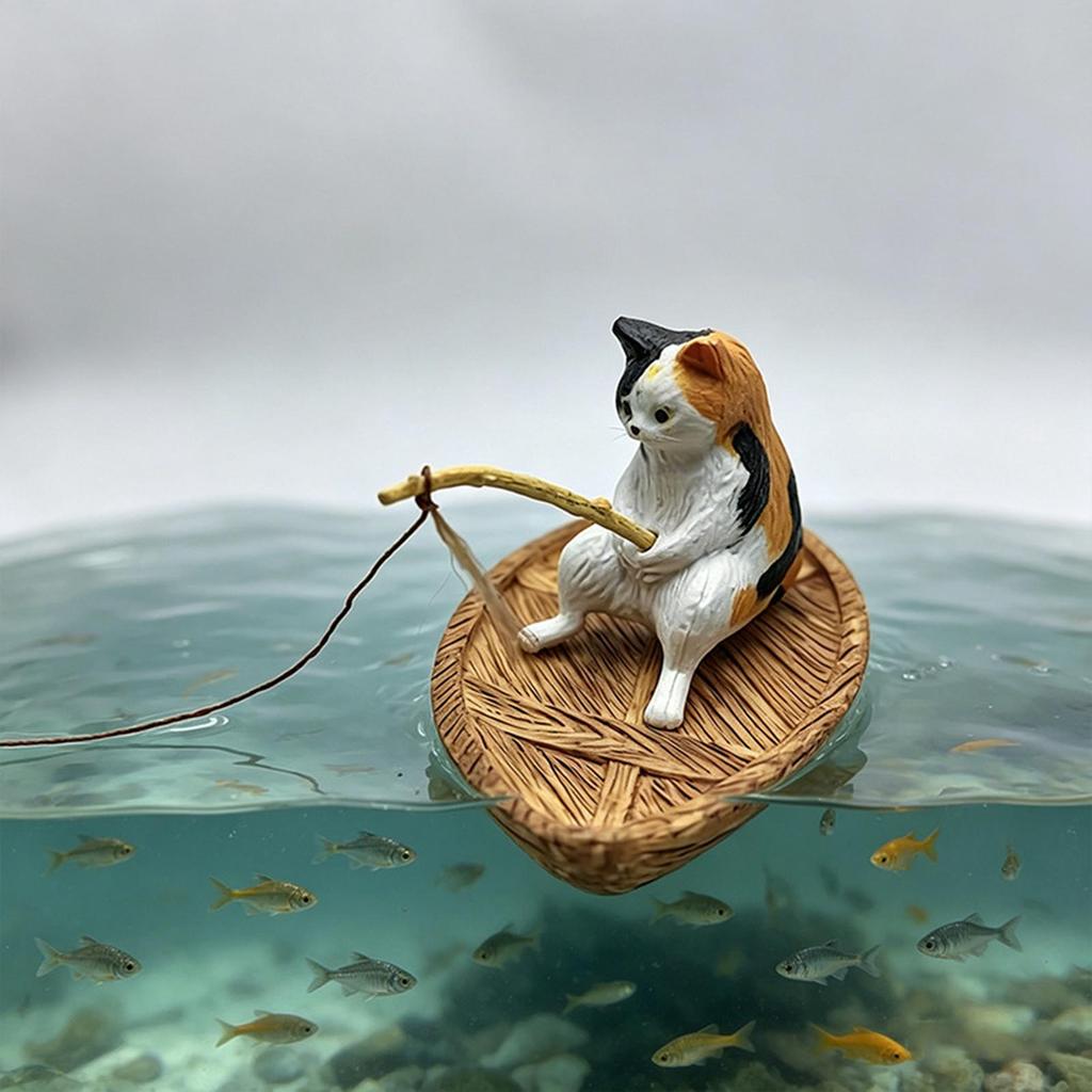 Fish Tank Decor Cute Kitten Fishing Resin Statue Aquarium Decoration For Garden Pond Home Office Landscaping Outdoor Aquatic