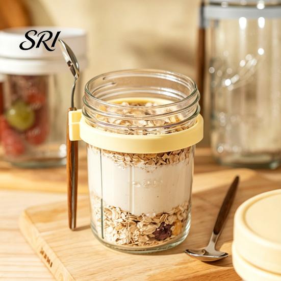 BPA-free Glass Food Container Overnight Oats Containers with Airtight Lid & Spoon 350ml Breakfast for Yogurt Clear Cereal Storage Jar Salad