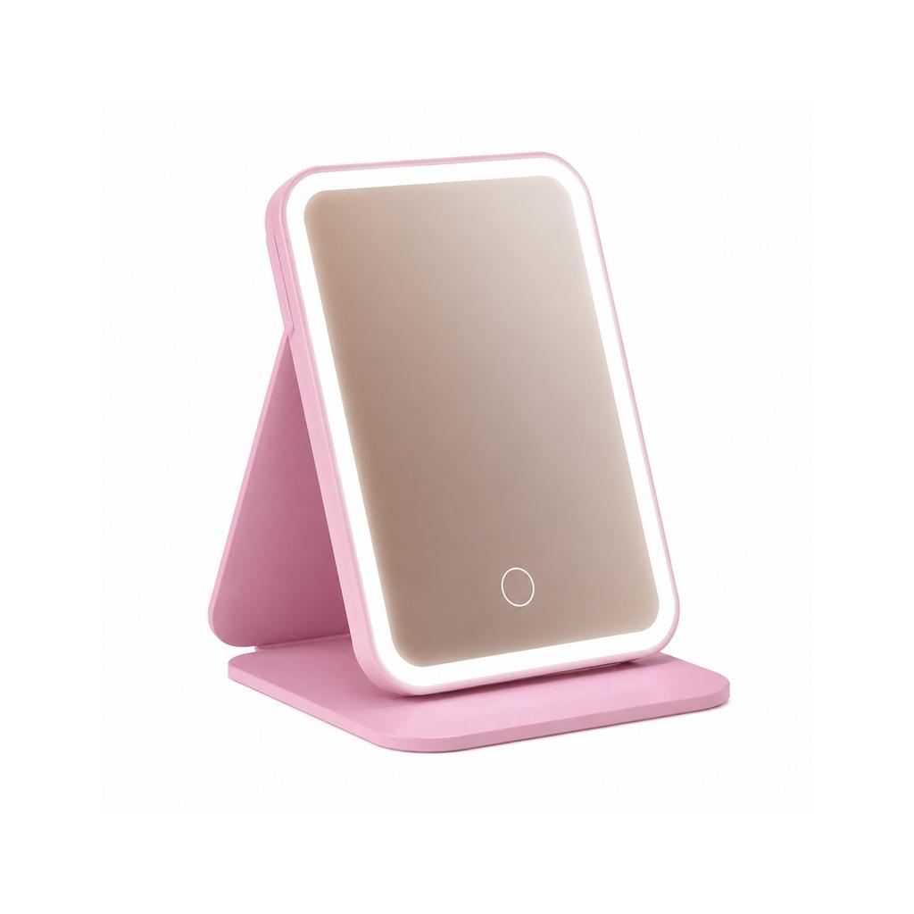 [Moonlight White] Three-Tone Lighting-PU Folding Mirror Daily Foldable Makeup Mirror Portable Simple Pocket Mirror