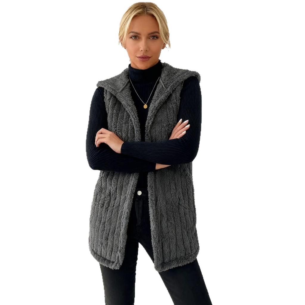Women's Plush Hooded Long Vest - Autumn/Winter Cross-border Double-sided Open Cardigan
