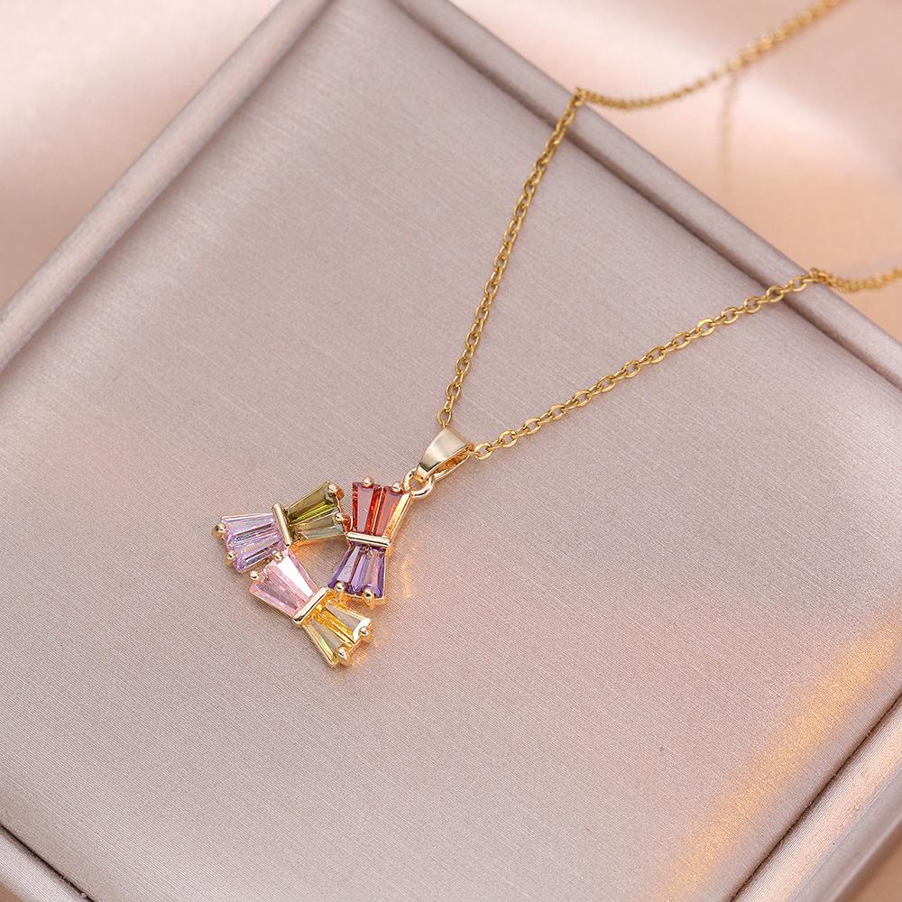 Cute Female Crystal Rainbow Zircon Stone Triangle Pendant Necklace Vintage Gold Color Wedding Jewelry For Women