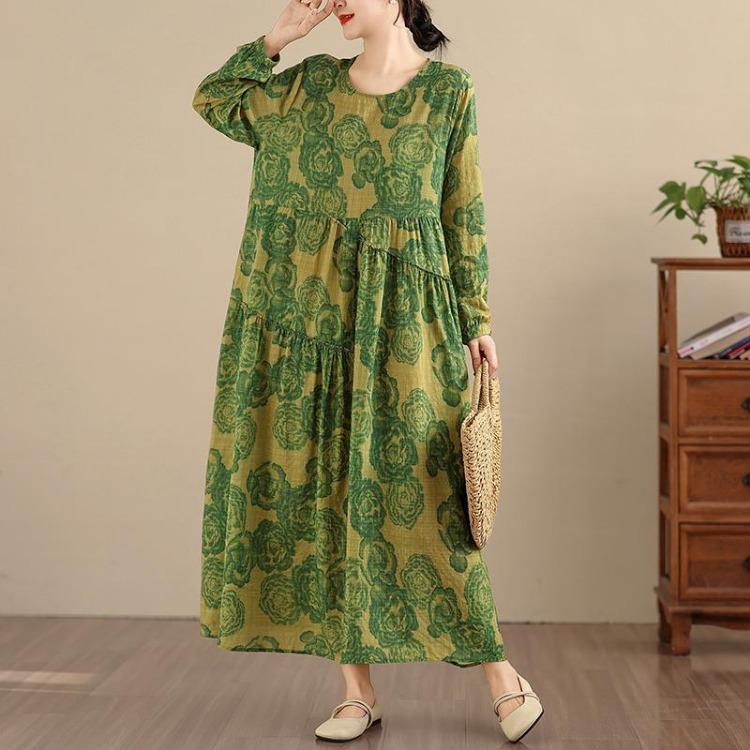 New Spring Summer Vintage Floral Print Maxi Dress Loose Oversize Long Sleeve for Women Plus Size