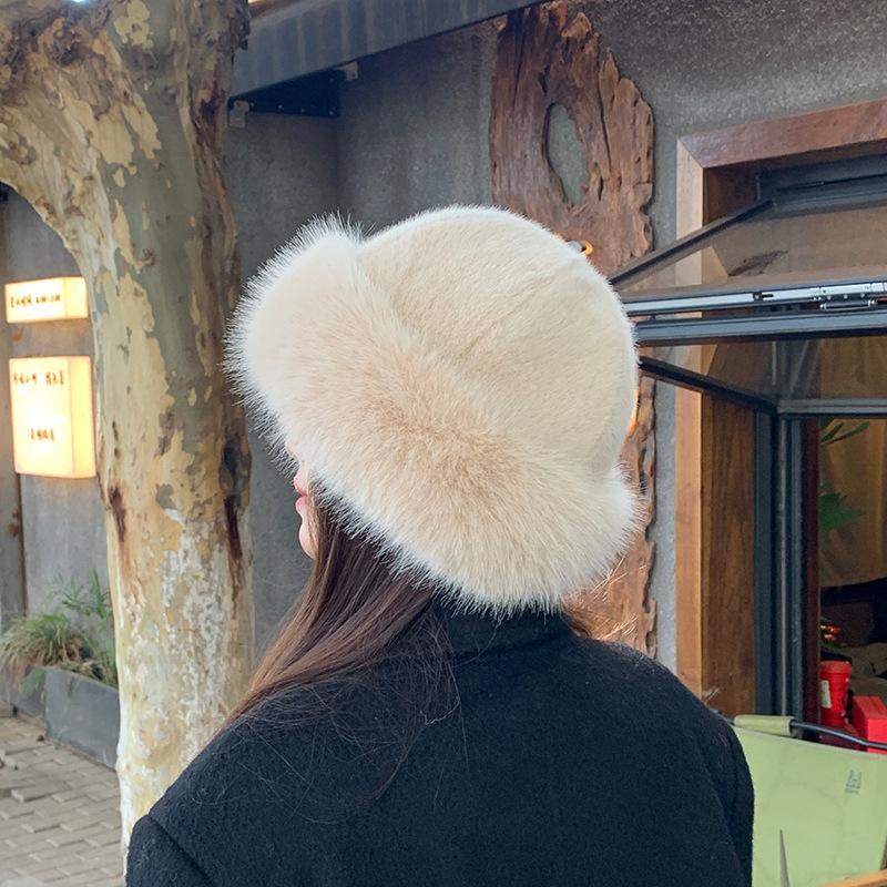 

Women Fluffy Fur Bucket Hat Solid Color Winter Warm Plush Ear Protection Cap Ins Korean Girl Outdoor Windproof Basin Caps бежевий
