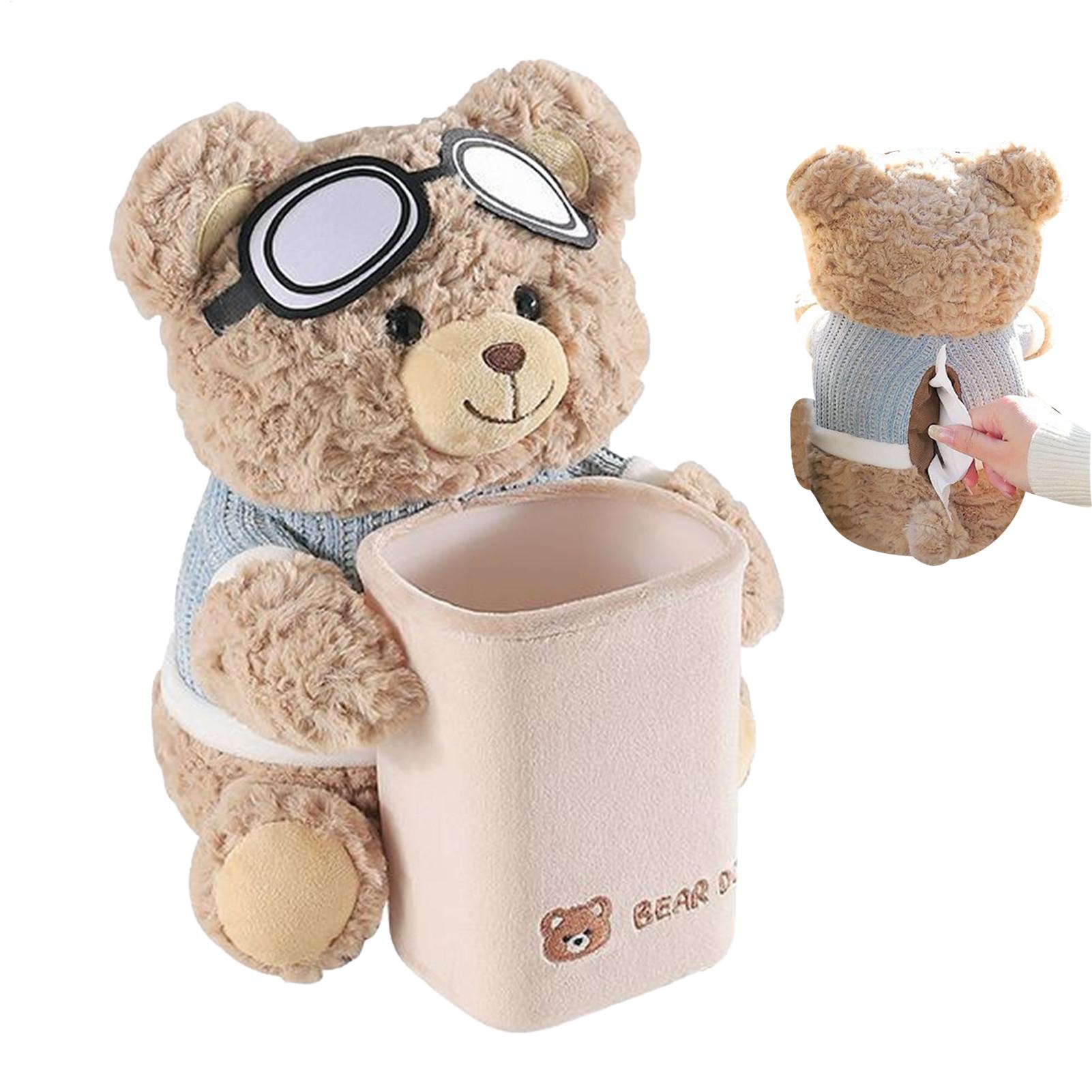 Cute Bear Tissue Holder Trash Can 2-in-1 Car Trash Can & Tissue Box Soft Plush Car Tissue Box Cute and Creative Car Armrest Box marrone