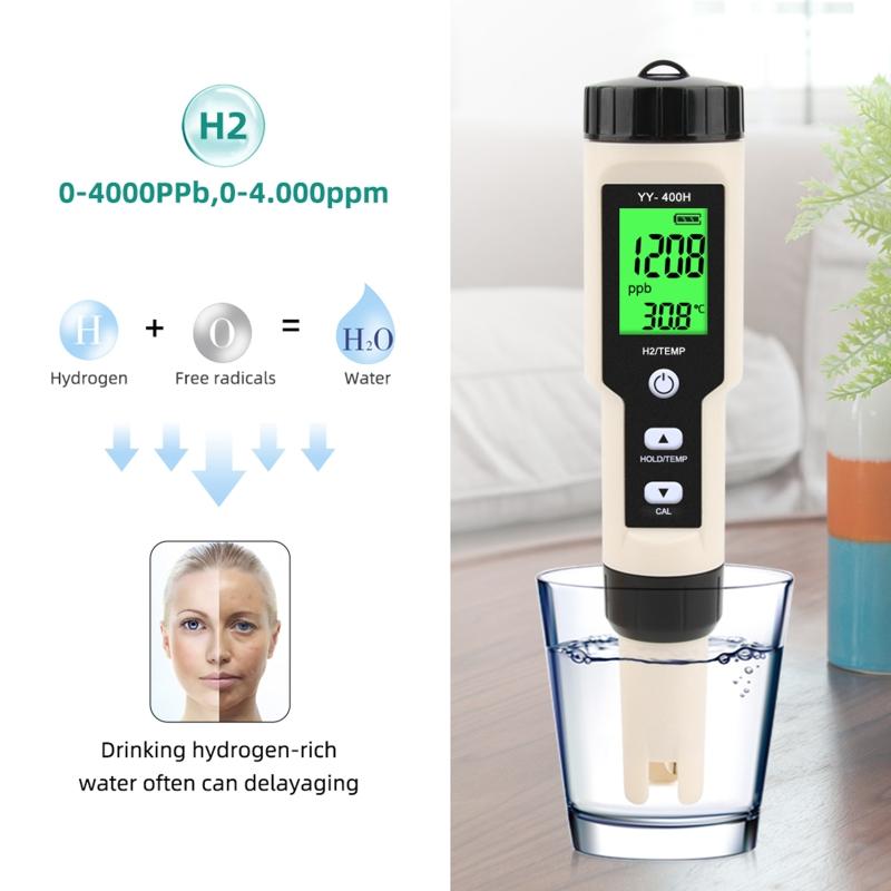 Digital Hydrogen Meter Water Quality Tester with ATC High Accuracy Pen Type H2 Meter Data Hold Function LCD Displays