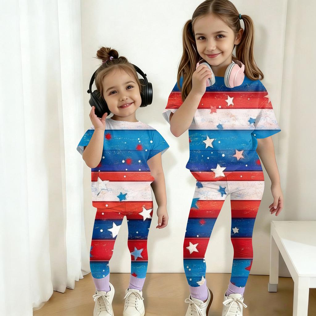 Kids Independence Day Outfit Set Short Sleeve Top and Long Pants Two Piece Casual Suit for Boys and Girls Comfortable Fit