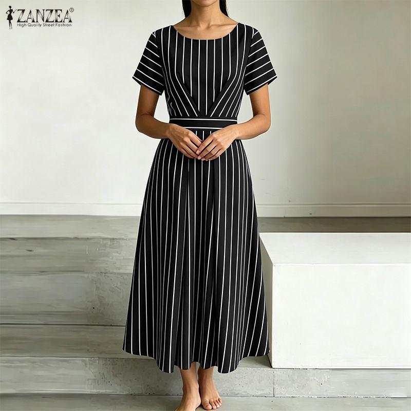 ZANZEA Women Summer Round Neck Casual Short Sleeve Stripe Print Dress