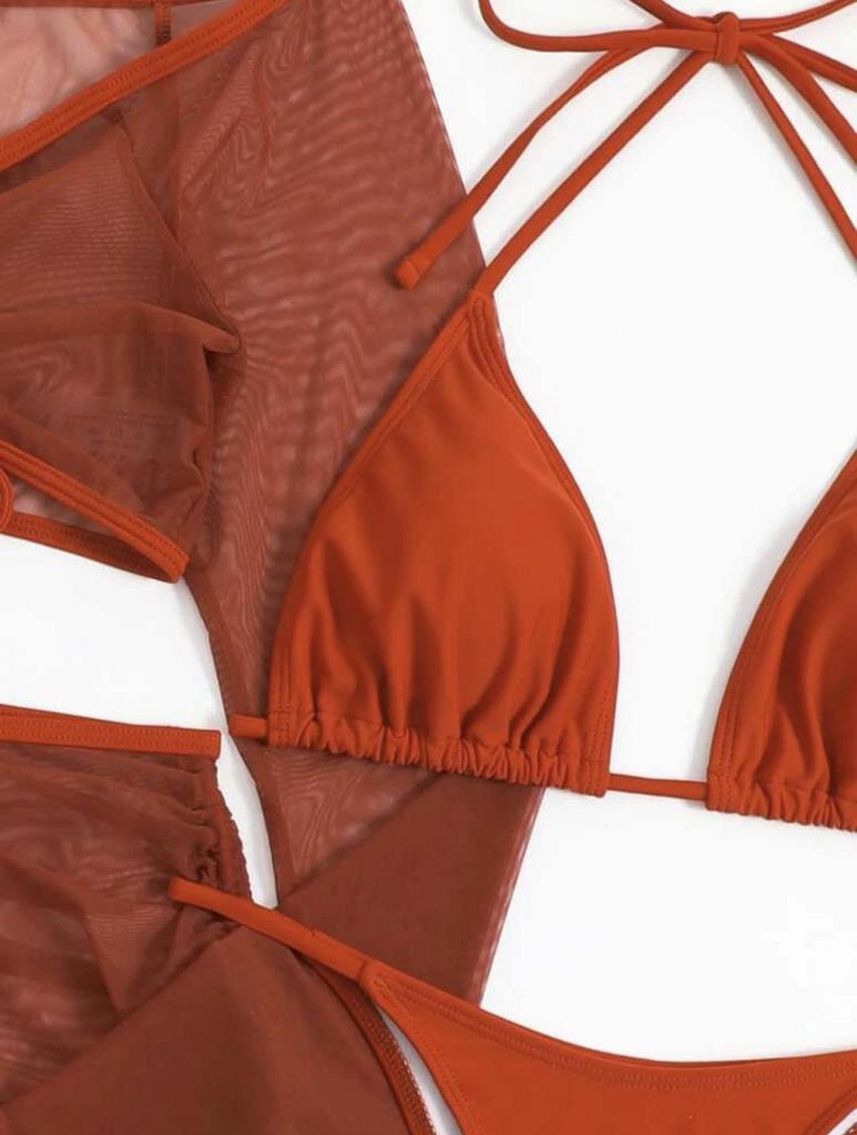 Women's European & American Sexy Solid Color Bikini Swimwear Four-Piece Set