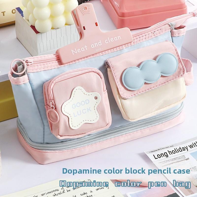 Multicolor Contrast Handle Dopa Amine Pencil Case With Large Capacity For Students And Office Use