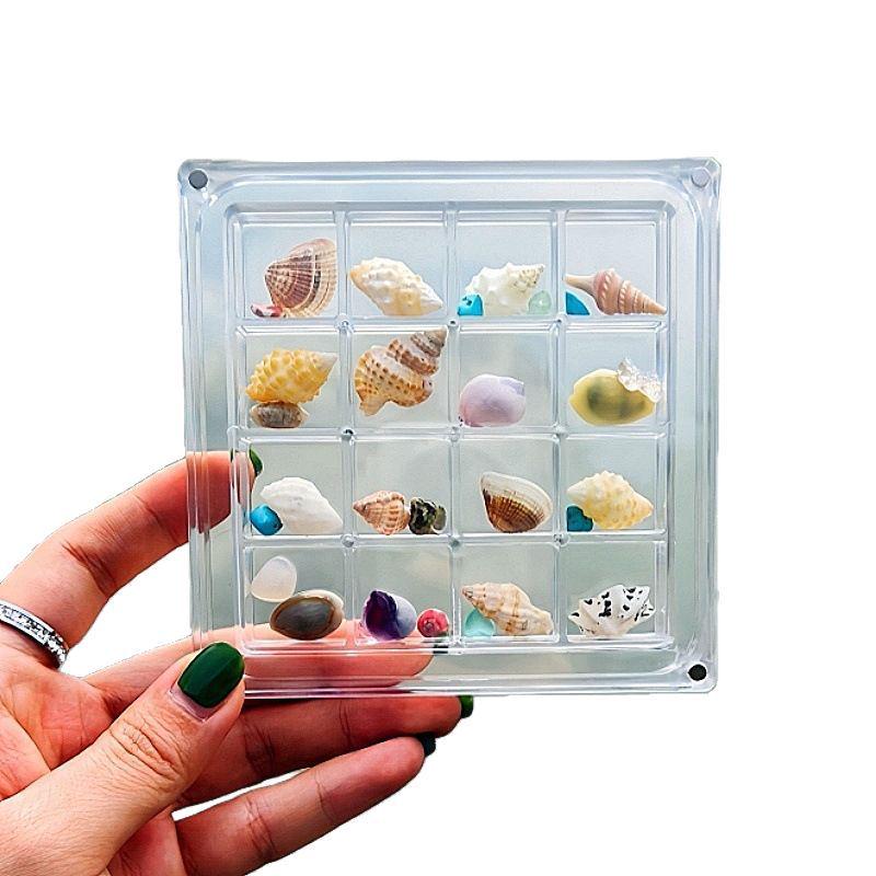 16-Grid Transparent Seashell Storage Box: Magnetic Acrylic Display for Jewelry and Beach Stone Specimens