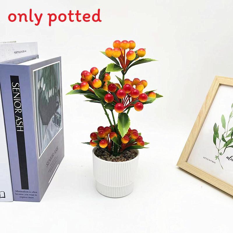 Potted Simulated Berry Plant Artificial Green Plant With Stone Decoration