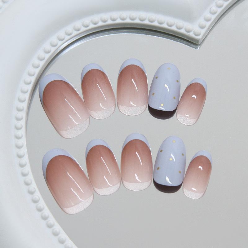 24 Pieces milk blue French style gradual change polka dot temperament white summer atmosphere nail patch removable wearable nail 30 pieces