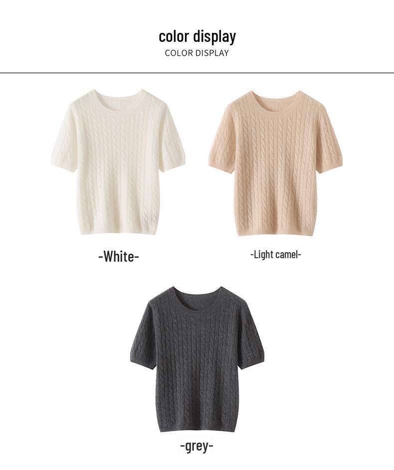 Women's 100% Cashmere Short Sleeve Cable Knit Pullover, Round Neck, Solid Color