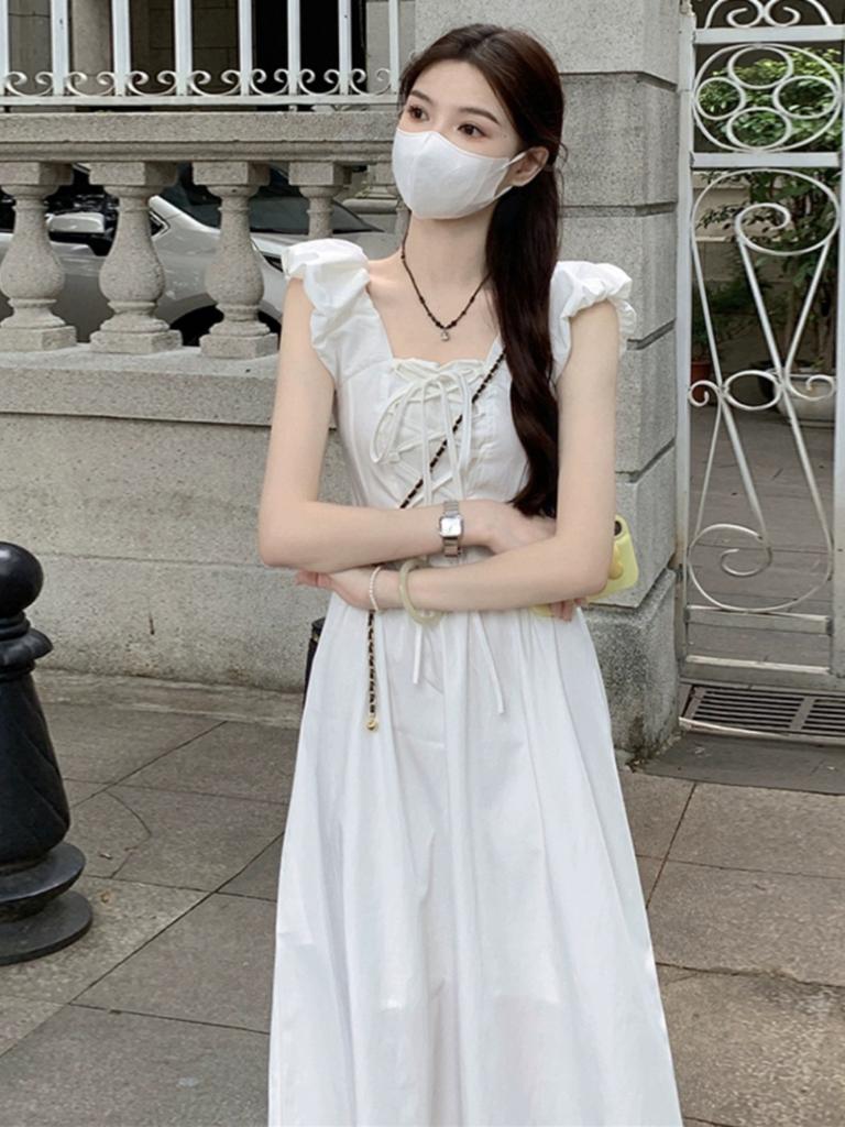 French white small flying sleeve dress women's summer temperament sweet first love style chic waist long skirt