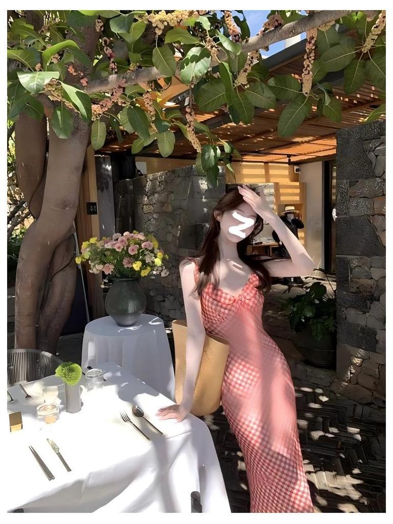 Women's Red Plaid Fishtail Spaghetti Strap Dress - 2025 Spring/Summer French Seaside Vacation Collection