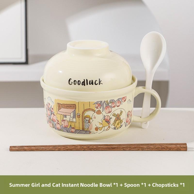 Ceramic Instant Noodles Bowl with Lid And Handle Dormitory Student Microwave Safe Soup Bowl Personal Special Bowl Cartoon Design