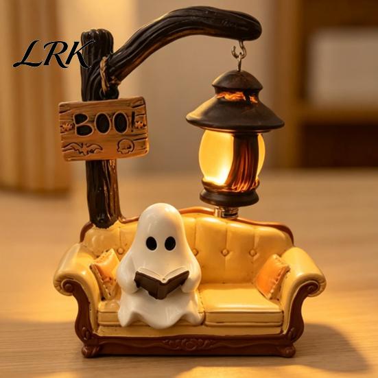 Figura Navideña Linda No de Terror Fantasma de Halloween Leyendo Libro Lámpara, Luz de Noche con Libro, Decoración de Fiesta Temática Whimsical Boo Resina 3D de Mesa