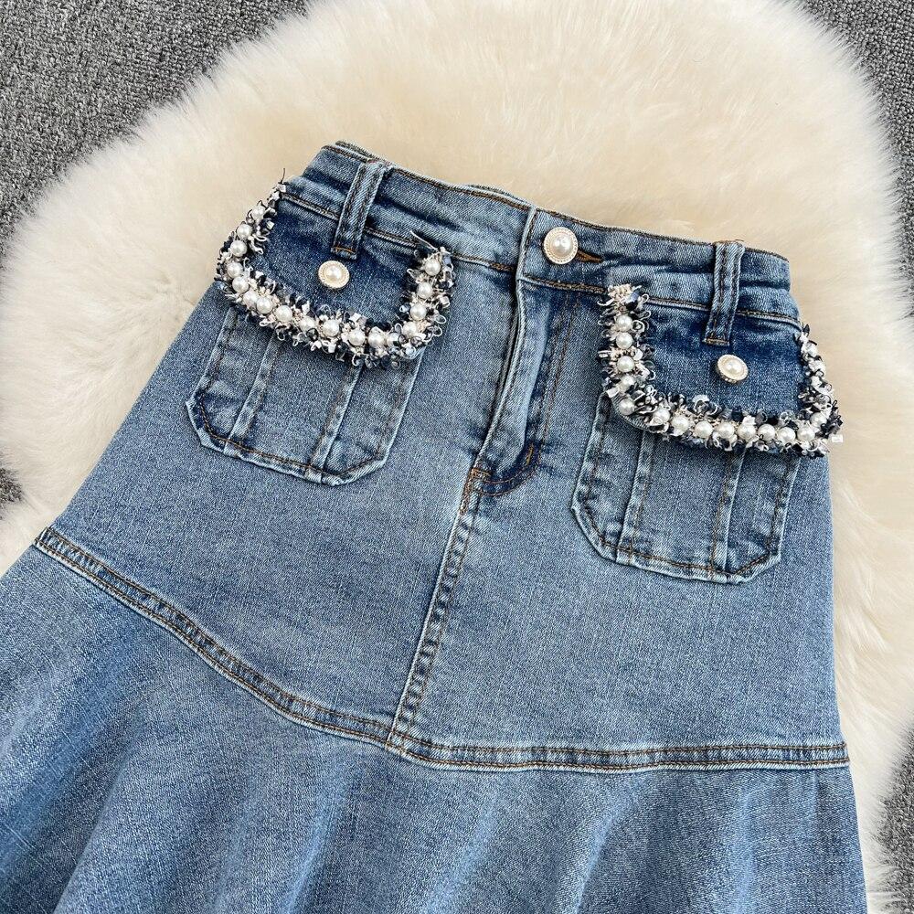 Summer Commuter Korean Fashion Girl High Waist Denim Skirt Slim Pleated A-Shaped Fishtail Skirt