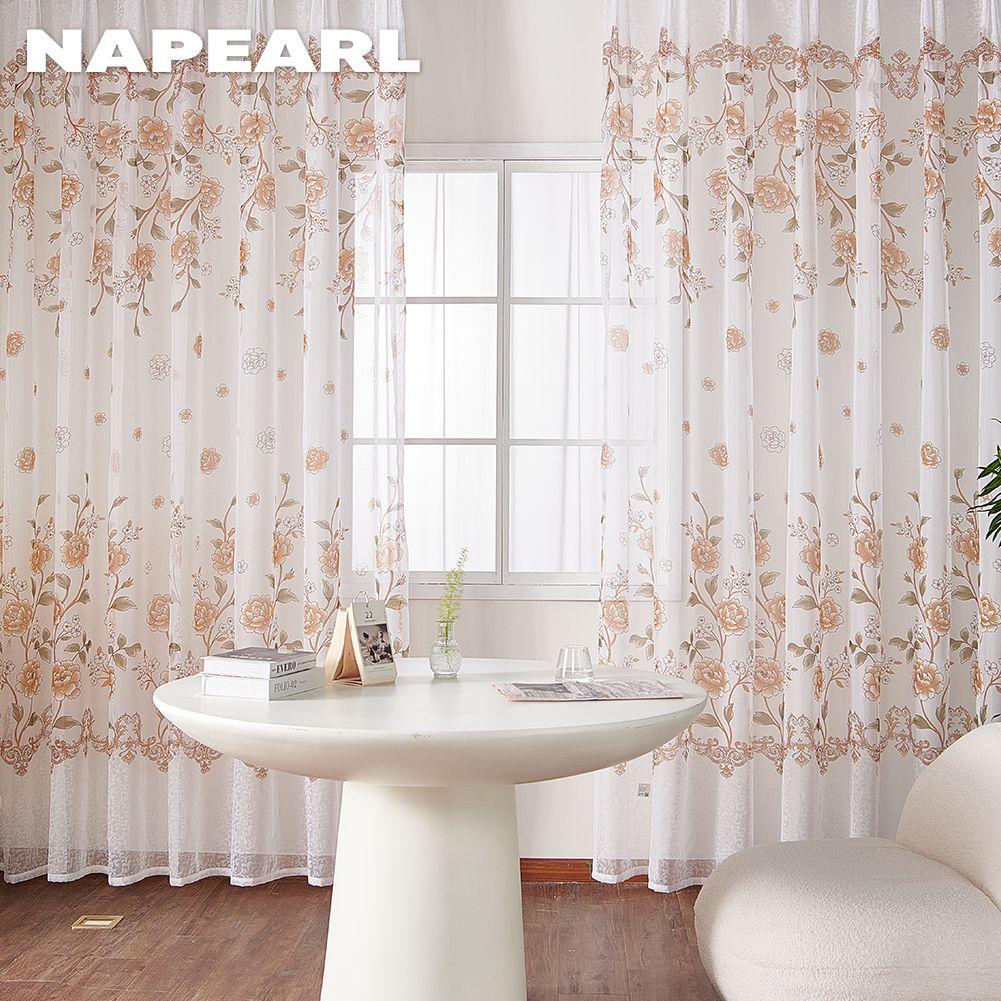 1PC NAPEARL Orange Flower Printed White Tulle Curtains for Bedroom Window Screen Panels Sheer Living Room Kitchen Home Decor