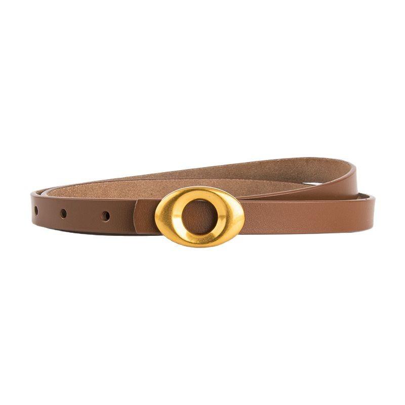 Genuine Leather Fashion Cowhide Belt Women's High-end Round Gold Buckle Versatile Fashion Dress Decorative Thin Belt Women
