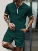 Summer Men's Waffle Texture Color Block Zipper Collar Short Sleeve Shorts Outdoor Set