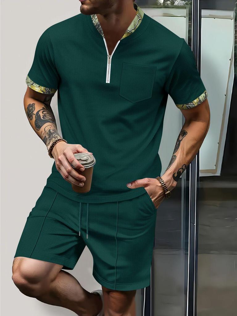Summer Men's Waffle Texture Color Block Zipper Collar Short Sleeve Shorts Outdoor Set