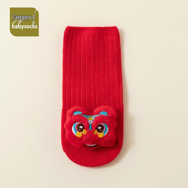 Red Combed Cotton Baby Socks: Anti-slip, for Newborn, Full Moon, 100 Days, and First Birthday (0-1 Year)