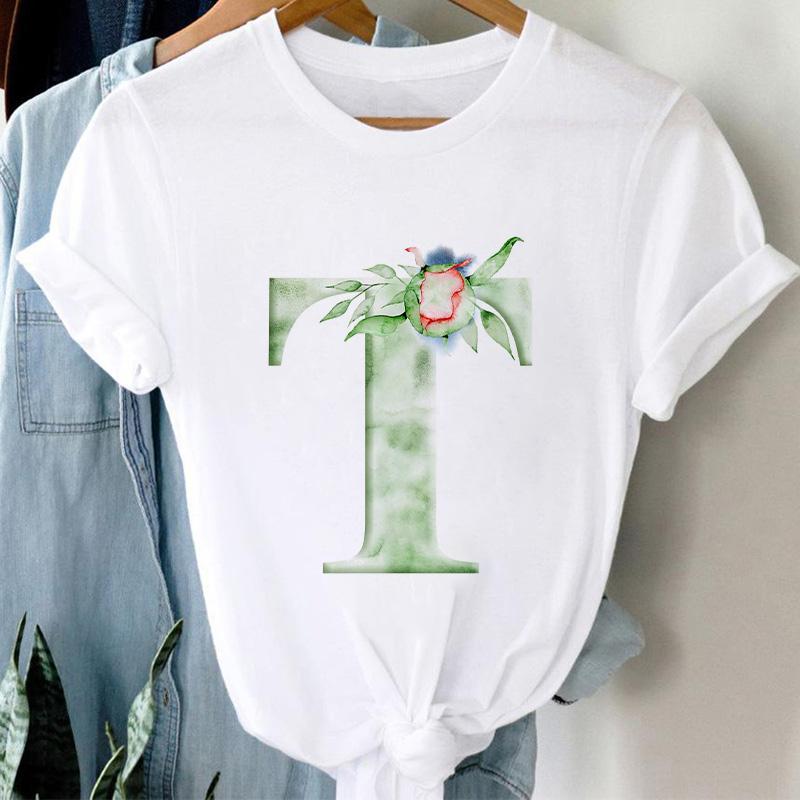 

T-Shirt Women Summer 26 Alphabet Letter Print Girl A To Z Flowers Ladies Tee Tops Short Sleeve Casual Korean Style Tshirt Femme XXXL білий