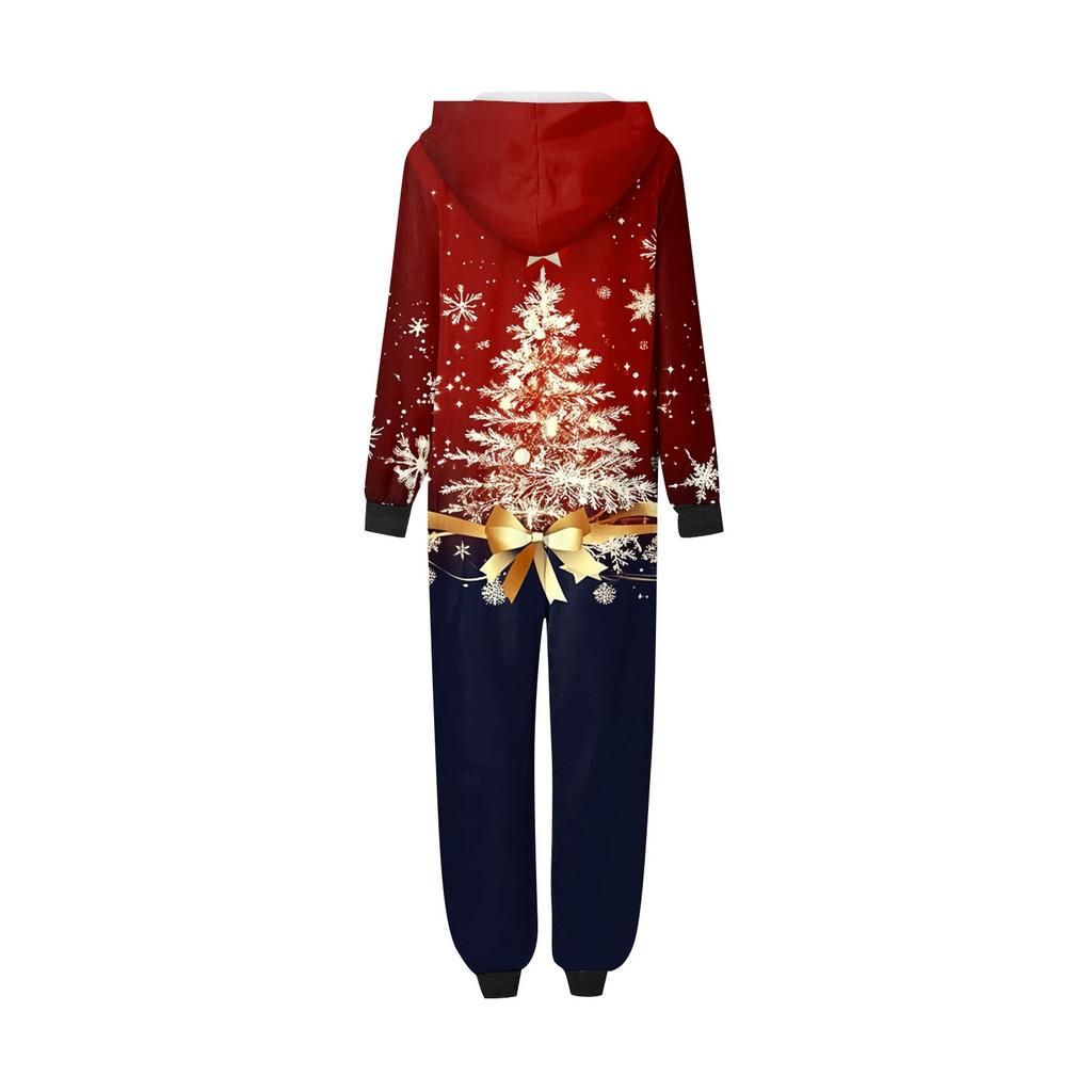 Christmas Print Parent-Child Outfit Hooded Zipper One-Piece Fashionable Home Suit Set