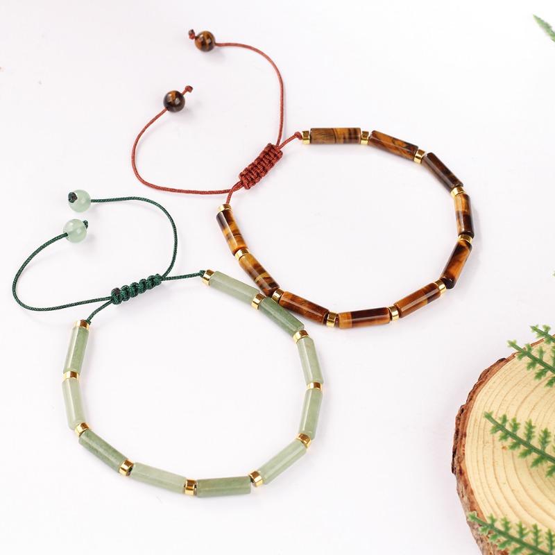 Green Jade Tube Bead Bracelet – Gold Accent Adjustable Boho Jewelry, Serenity Protection Gift for Men & Women